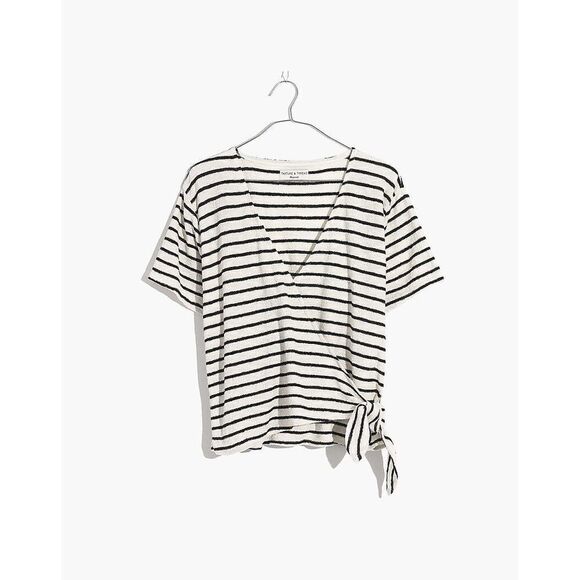 Madewell Texture & Thread Short-Sleeve Wrap Stripe Top‎ Black Cream XS - Picture 1 of 16